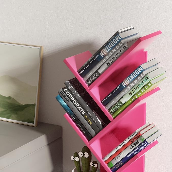 SHEEPAM 5 Tier Tree Book Shelf, Small Desktop Bookshelf with Storage Organizer, Wood Bookcase, Desk Display Bookshelves, Floor Standing Organizer Bookcases for Living Room,Bedroom,Office-Pink