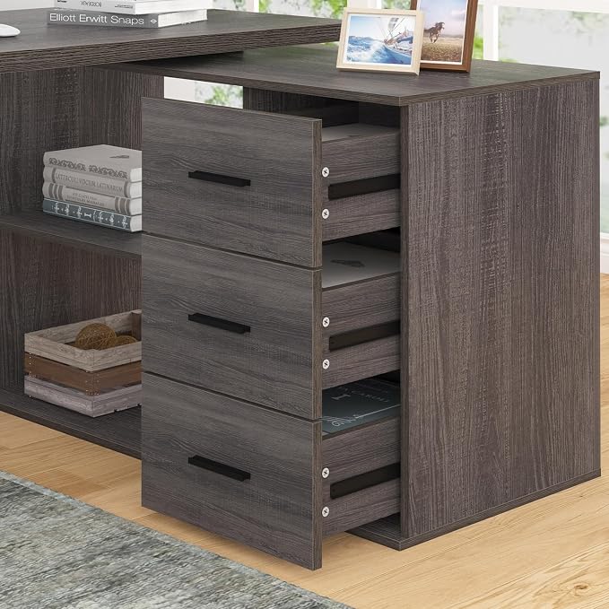 HSH L Shaped Computer Desk with Drawers, L Shaped Desk with Storage Cabinet Shelves, Large Reversible Corner Executive Home Office Desk, Industrial Wood Work Writing Study Table Workstation,Gray 60 In