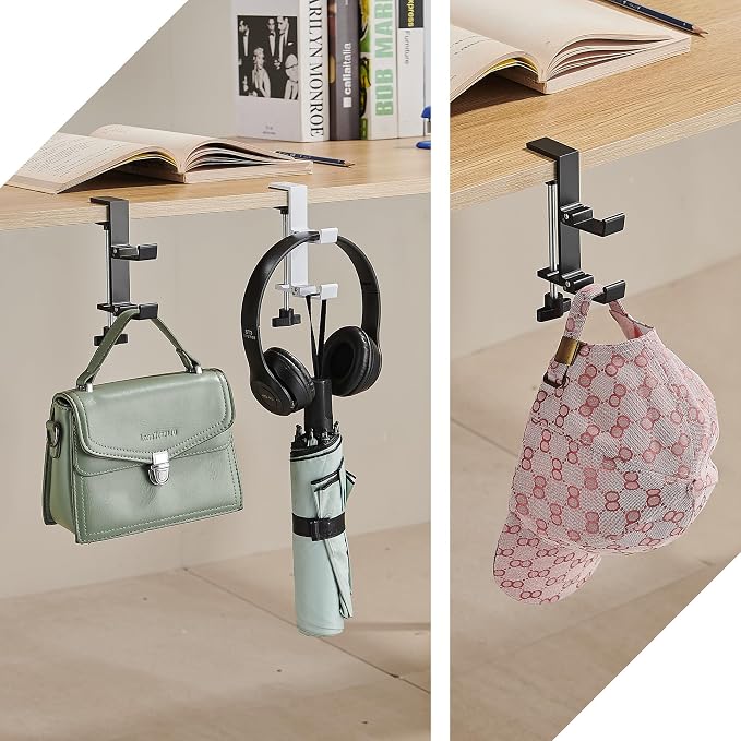 Heavyrain Desk Edge Headphone Holder and Bag Hook, Clamp-On Design, No Drill Installation, Metal, Black
