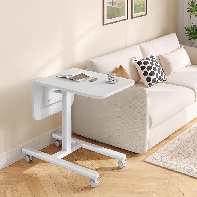 Homkdom C Shaped Table with Wheels, Side End Table with Extended Desktop, Adjustable Rolling Desk for Small Space, Dorm, Height Adjustment (29.5"-44"), White