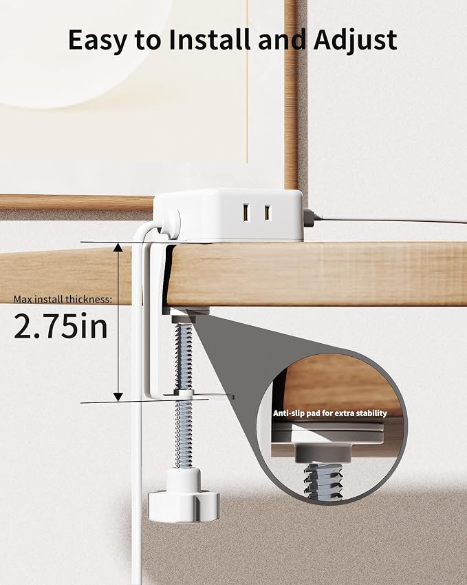 HOPOW Desk Clamp Power Strip, Desktop Mount Charging Station with 4 Outlets 4 USB Ports (2 USB C), 10Ft Under Desk Power Strip, Fits 2.75" Tabletop Edge, Extension Cord for Home Office, White
