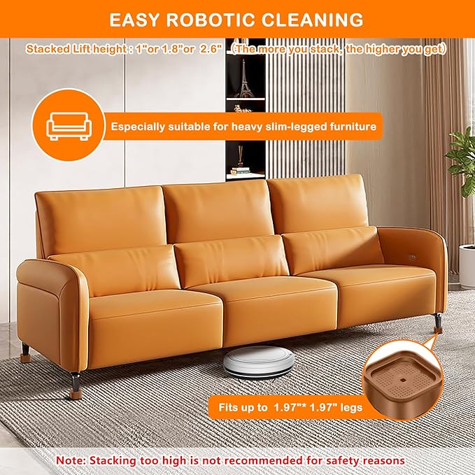 Furniture Risers Adjustable Bed Risers Heavy Duty Lifts Height 2", Square Stackable Bed Risers 1, 2, 3 or 4 Inch for Desk Leg Table Couch Sofa Chair Bed Frame Legs Dorm, 1+1 Inch, Brown, 4 Pack