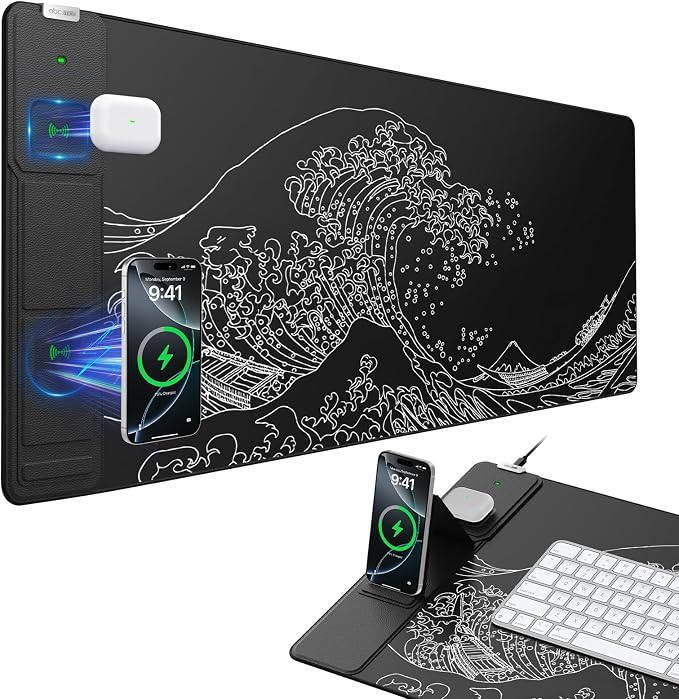 Wireless Charging Mouse Pad with Foldable Phone Holder, 31.5"x15.8" Large Desk Mat for Laptop/Keyboard, Waterproof Ultra-Smooth Surface, Non-Slip Base, Black Wave