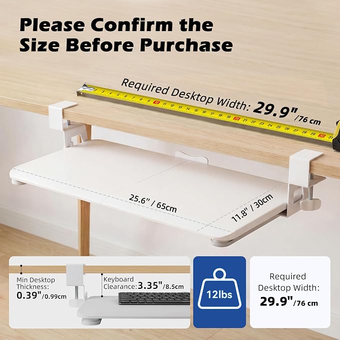 White Keyboard Tray Under Desk Clamp, 26.77" Large Under Desk Keyboard Tray Slide Out, Ergonomic Keyboard and Mouse Tray with Wrapped Edge Finish, Modern Desk Extender for Home Office