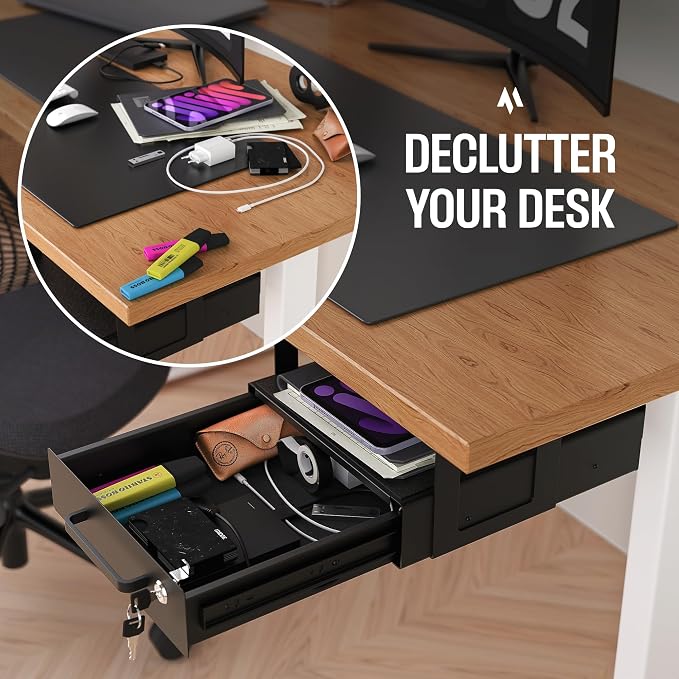 Under Desk Drawer Slide-Out – Lockable Metal Storage Drawers with Cable Management for Office & Home (Double, Bracketed)