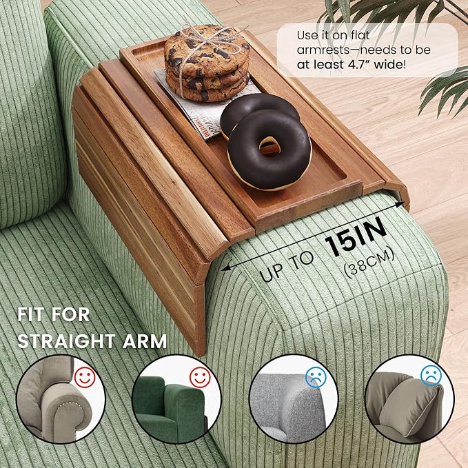 Sofa Arm Tray,Acacia Wood Folding Couch Arm Tray,Sofa Armrest Trays with Anti-Slip Pad for Drinks,Snacks,Phone,Remote Control