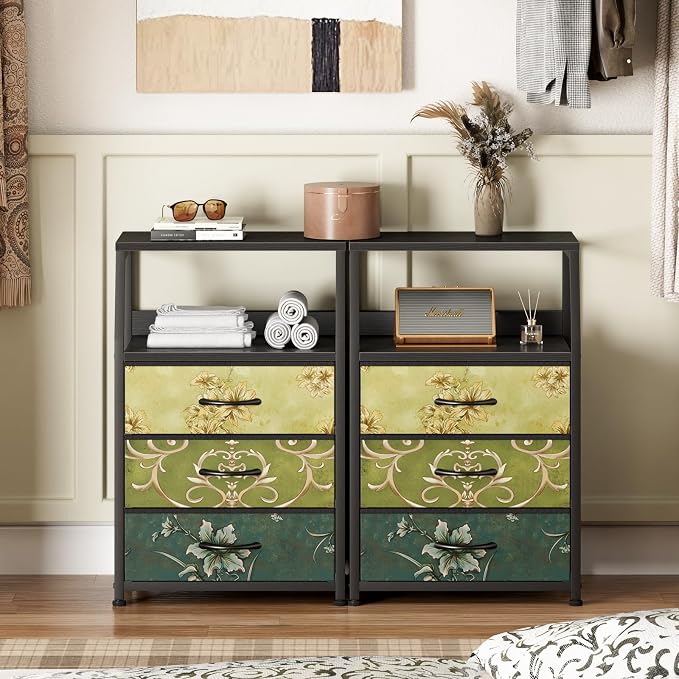 Furnulem Retro Night Stand with 3 Drawers and 2-Tier Shelf, Small Nightstand Side Table, Vintage Storage Dresser for Bedroom, Fabric Drawer Organizer for Closet, Beside Furniture