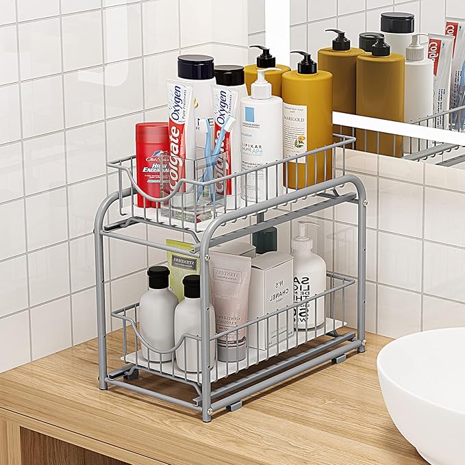 under sink storage 2 Tier Stackable Sliding Basket Organizer Drawer For Kitchen And Bathroom/Cabinet Drawers,silver