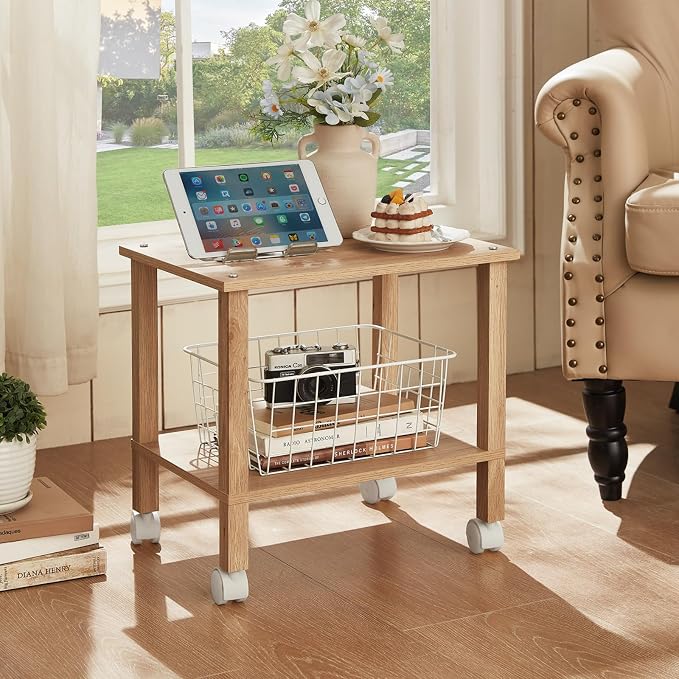 YUFAM 2 Tier Printer Stand with Storage,Under Desk Shelf Printer Table,Small Printer Stand with Wheels,Rolling Printer Cart for Office