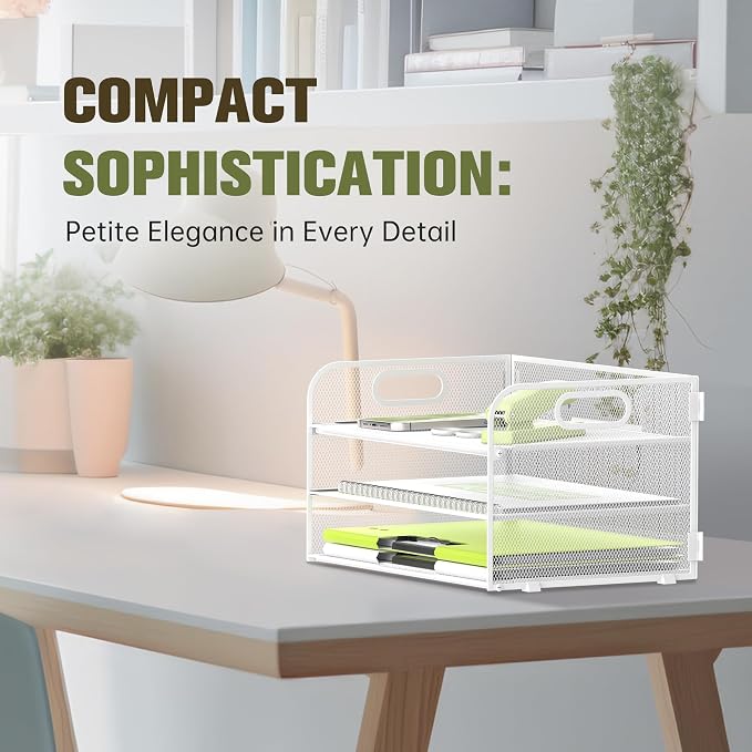 DALTACK 3 Tier Paper Organizer with Handle, Mesh Metal Desk Organizer with Sliding Paper Trays for Letter/A4 Paper, Mail, Bills & Folders, White