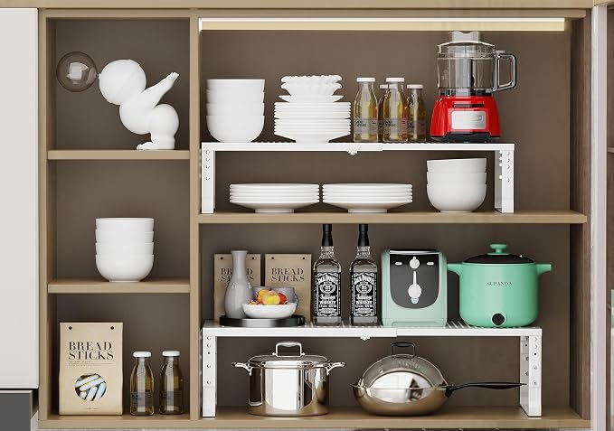 Jojocross Expandable Adjustable Stackable Kitchen Organizer, Spice Rack,Metal Pantry Storage Shelves Racks,Counter Shelf for Cabinets, Countertop, Cupboard(1 Pack/Medium/White)