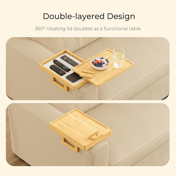Wealone Bamboo Couch Arm Tray for Wide Couch, Sofa Arm Clip Table with Storage Box, Couch Armrest Tray with 360°Rotating Phone Holder, Sofa Arm Table Clip for Eating, Drinks or Dining