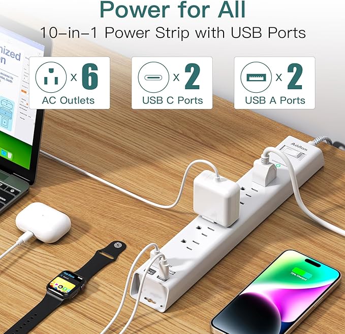 Addtam Power Strip Surge Protector - 2ft Short Extension Cord with 6 Outlets and 4 USB Ports (2 USB C), Ultra Flat Plug Wall Mount, Compact Charging Station for Travel Office Home