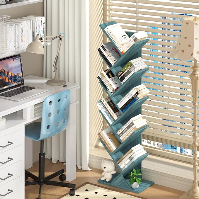 SHEEPAM 10 Tier Tree Book Shelf, Floor Standing Wood Bookshelf for Narrow Space, Storage Organizer Bookshelves for Books/CDs/Magazine, Bookcase with Shelves for Home Office, Living Room - Blue