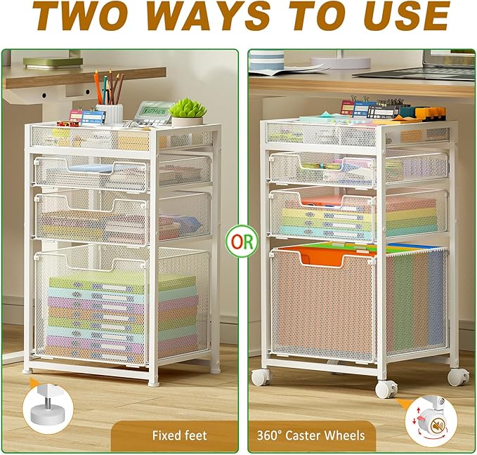 Rolling File Cart with 3 Storage Drawers, Under Desk Organizer with DIY Divider, Moblie Filing Cabinet on Wheels, Fits A4/Letter Size, Metal Utility Cart for Home Office, White