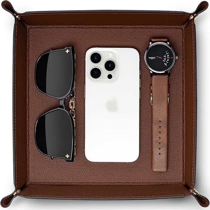 VLANDO Valet Tray Organizer, PU Leather Catchall Tray for Home | Large PU leather tray for keys, wallet, watch, coins and jewelry on nightstands, dressers or entryway tables