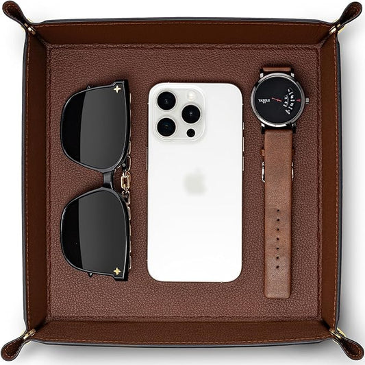 VLANDO Valet Tray Organizer, PU Leather Catchall Tray for Home | Large PU leather tray for keys, wallet, watch, coins and jewelry on nightstands, dressers or entryway tables