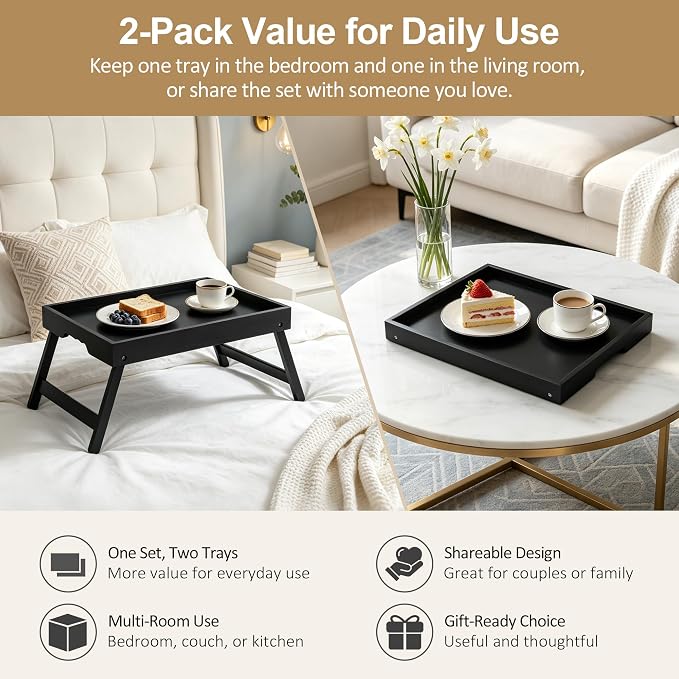 Breakfast Tray with Folding Legs Set of 2, Bamboo Bed Tray Table 15.7" Foldable TV Dinner Tray with Ergonomic Wave Handles for Bed Couch Sofa, Breakfast, Snacks, Coffee, Black