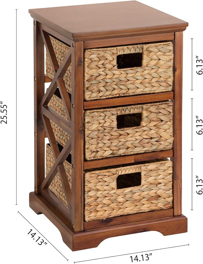 eHemco Hampton Meadows 3 Tier X-Side End Storage Cabinet with 3 Wicker Baskets, Walnut