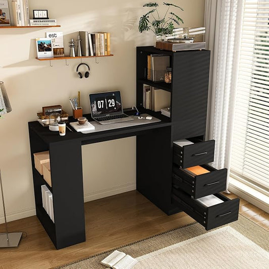 KEIKI L Shaped Computer Desk with 4-in-1 Charging Station, Office Desk with 3 Slide Drawers and 4-Tier Storage Shelves, Modern Wooden Corner Writing Desk for Home Office, Study, Bedroom, Black