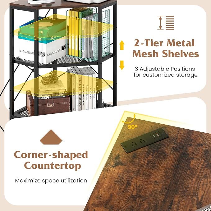 Tangkula Corner Printer Stand with Power Outlet, 3-Tier Storage Rack with Adjustable Metal Mesh Shelf, Freestanding Corner Table Computer Tower Holder for Home Office Living Room (Rustic Brown)