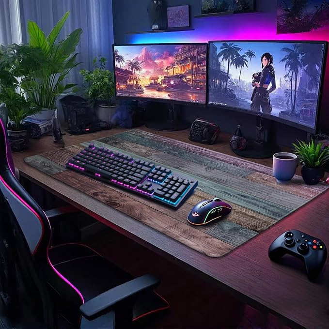 Rustic Wood Pattern Large Gaming Mouse Pad 31.5"x15.7"｜XXL Desk Mat, Non-Slip Rubber Base & Stitched Edges - Extended Waterproof Mousepad for PC/Laptop/Office/Home Decor