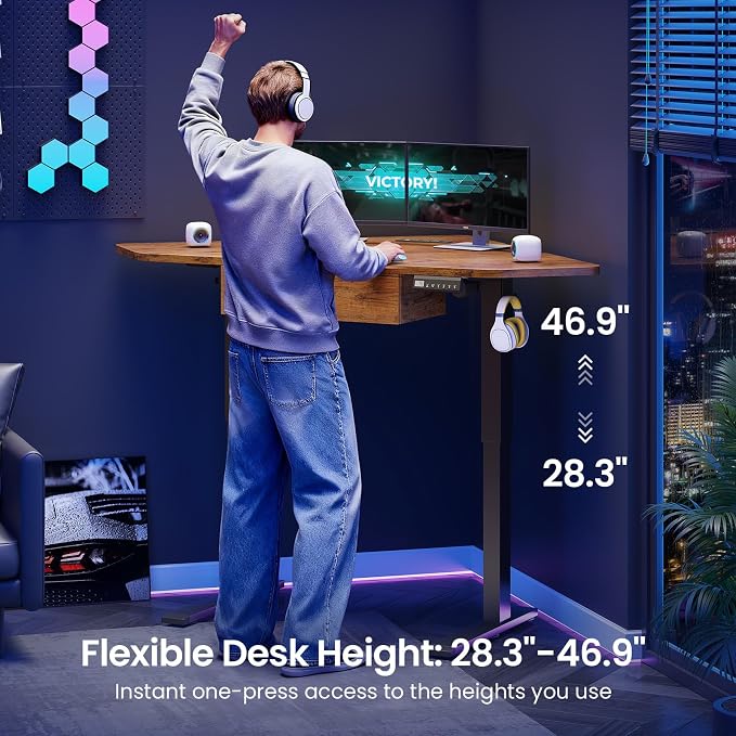 SEDETA Corner Electric Standing Desk, 32'' Small Height Adjustable Computer Desk with Drawer for Gaming, Small Space, Stand up Home Office Writing Desk, Rustic Brown