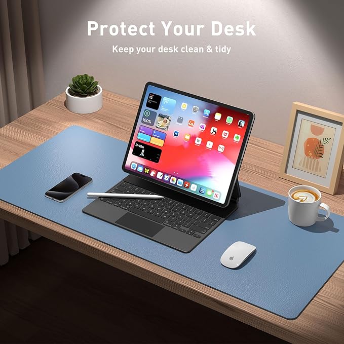 Aothia Leather Desk Pad Protector, Office Desk Mat, Large Mouse Pad, Non-Slip PU Leather Desk Blotter, Laptop Desk Pad, Waterproof Desk Writing Pad for Office and Home (48"x17", Denim Blue)