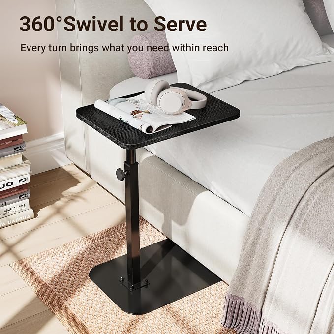 ELYKEN TV Tray Table, C-Shape Couch Desk, 360° Swivel Side Table Height Adjustable, Laptop Stand for Couch Recliner, Small Bedside Tables (Black)