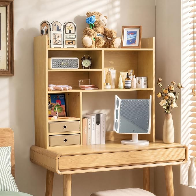 deli Desktop Bookshelf, High-Capacity Desk Hutch Organizer with 7 Shelves and 2 Drawers for Computer Desk, Desk Shelf Organizer for Dorm Office Home, Natural