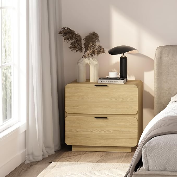 Manhattan Comfort Chrystie Fluted Nightstand 26" Bedside Table with 2 Full Extension Drawers, Rounded Corners, Wood Grain Finish, and Metal Handle Side Table for Bedroom or Living Room in Natural Oak