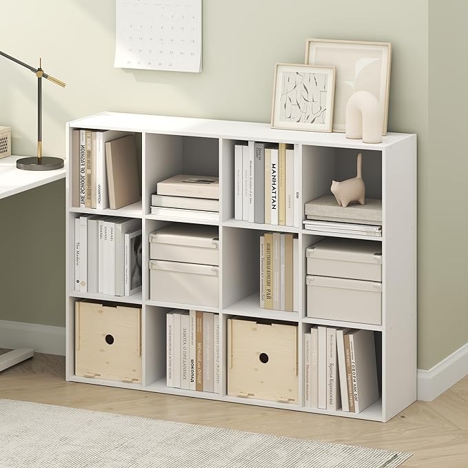 Furinno PELLI Book Shelf, 12-Cube Bookshelf, Cube Storage Organizer Bookcase, 11.7 x 47.6 x 36, for Living Room, Bedroom, Home Office, White