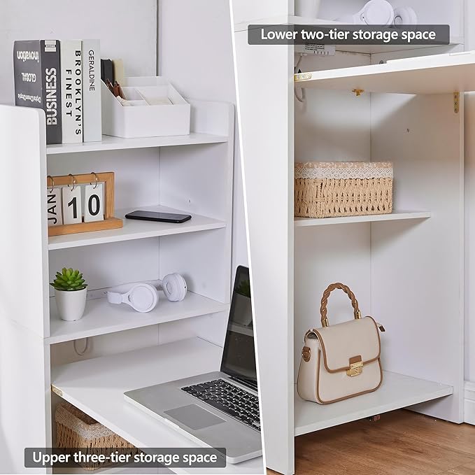 Foldable Desk with Storage,Hidden Desk with Built-in Socket,Fold Out Writing Table for Small Spaces,Home Office and Bedroom (White)