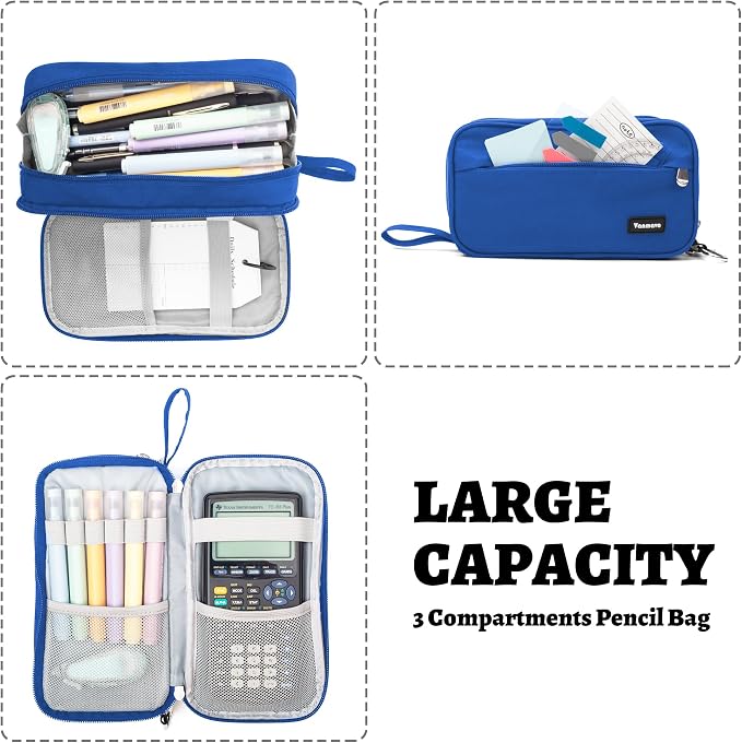 Pencil Case Big Capacity Pen Pouch Large Storage Holder Marker Pen Bag Durable 3 Compartment School Office Desk Organizer Portable Cute Zipper Stationery for Kids Teen Student Boys Girls Adults