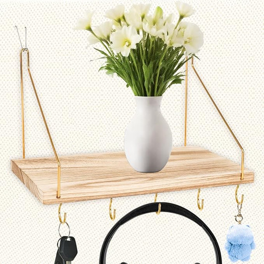 1-Pack Cubicle Shelf For Fabric Walls With Hooks：12x6.0in Wooden Cubicle Shelf Hanging Organizer Gold Shelves For Accessories Office Stylish Ations cubical Decorations For Women Desk work storage