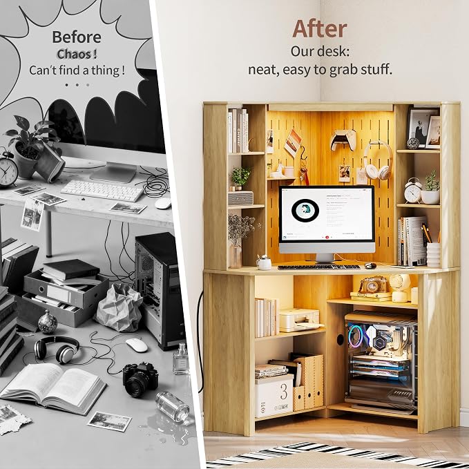 Corner Desk with Shelves-&LED Reading Light,Triangle Home Office Desk w/Charging Station for Work & Study,File Cabinet Storage Bookshelf for Small Space （Natural Wood）