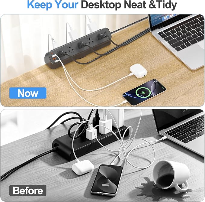 BEVA Desk Clamp Power Strip 6FT, Desk Edge Mount Extension Cord with 10 Outlets, 20W Fast Charging Station, PD 20W USB C Ports, Fit 1.96" Tabletop Edge, Etl List