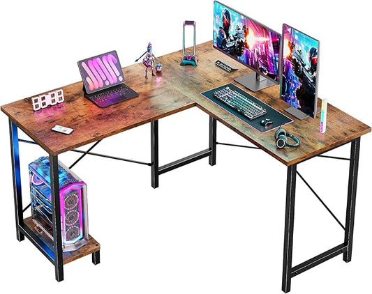 DUMOS L Shaped Desk, Computer Gaming Desks Corner Office Table with CPU Shelf for Home Study Writing Work Station 50 Inch, Sturdy Modern Design, Study, and Home Office Use, Rustic Brwon