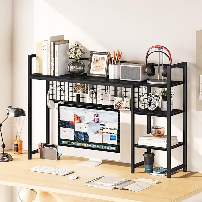 Snughome Desk Shelf, 44.9" Desktop Organizer Shelf, Desk Hutch for Computer Monitor, 4 Tier Desk Display Rack with Pegboard Hooks Set, Wood Desktop Bookshelf for Home Office Dorm