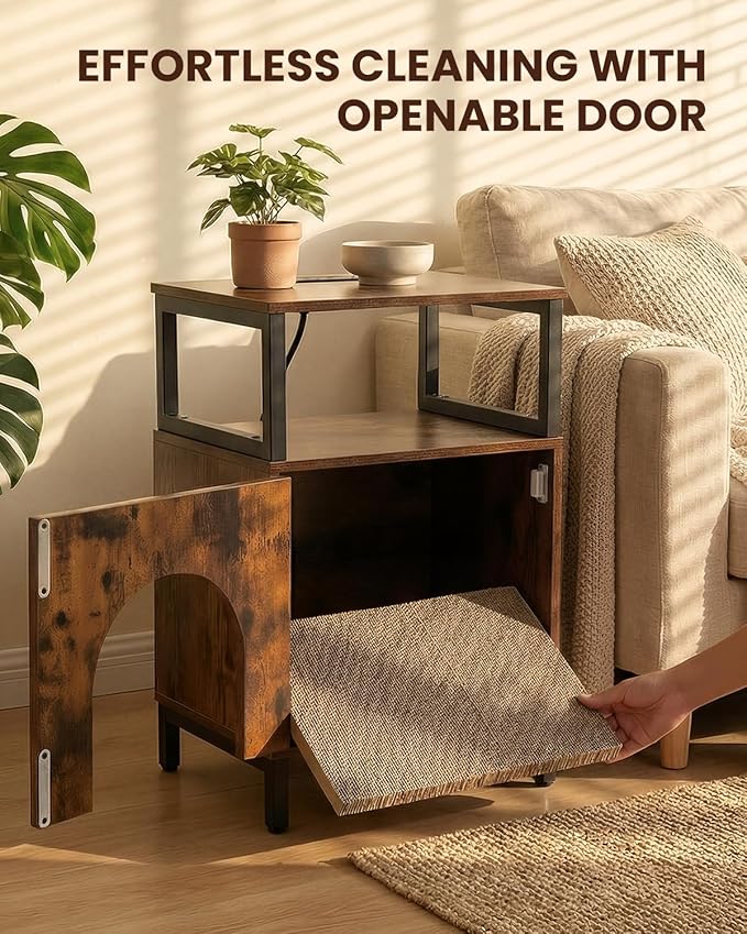 Cat Side Table with Charging Station & Storage Shelf, Small End Tables with Cat Cave & Scratcher Pad for Living Room, Small Spaces, Bedroom, Office, Easy Assembly, Space Saving, Brown