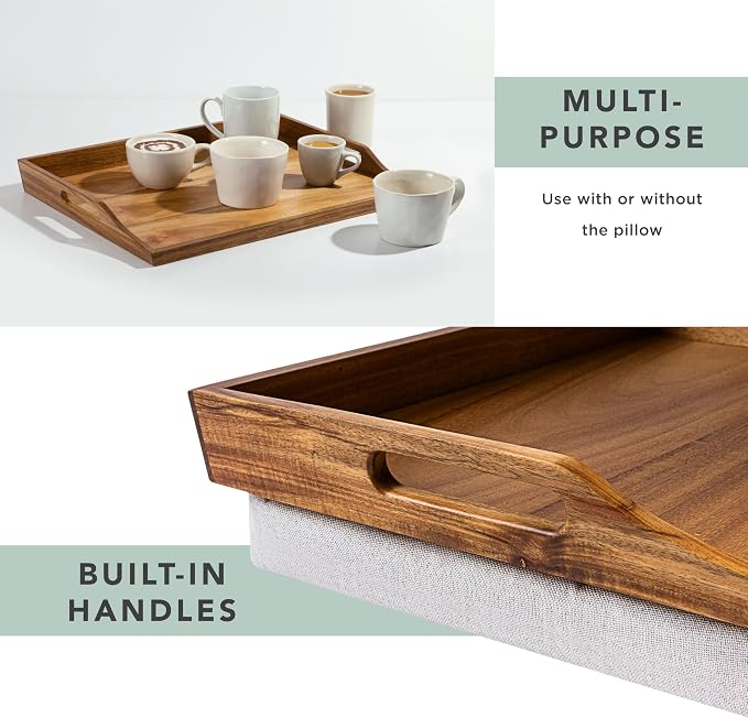 ROSSIE HOME Acacia Wood Bed Tray, Lap Desk with Detachable Cushion, Serving Tray - Natural - Fits up to 15.6 Inch Laptops - Style No. 76106