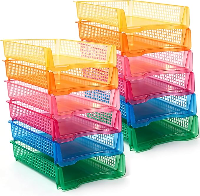 Geetery Set of 12 Plastic Trays for Teachers Turn in Trays Classroom Stackable Paper Tray Plastic Classroom Teachers Desk Letter Organizer Storage Baskets for Office, Desk, Home (Clear Mixed Color)