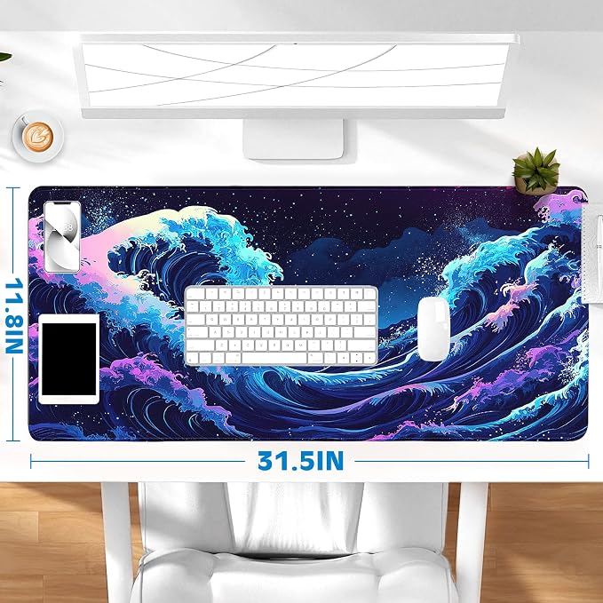 Gaming Desk Mat with Silky Smooth Surface & Exquisite Patterns,31.5x11.8 Inches Large-Sized Mouse Pad, Perfect for Extended Gaming,Work,and Home Office Decor (Japanese Waves 2)
