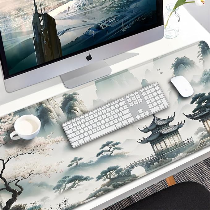 Large Gaming Mouse Pad, 31.5x15.7 inch Large Extended Computer Keyboard Mouse Mat, Water Resist Non-Slip Mousepad Rubber Base Long XXL Mouse Pad for Work & Gaming, Office & Home, Sakura Ancient City
