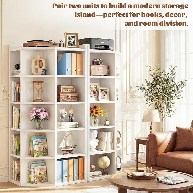 Aheaplus 6-Tier Corner Cube Bookshelf with Power Outlets, Wooden Corner Storage Cabinet with 15 Cubes, Corner Cube Organizer Shelf with Top Table, L Shaped Cubby Bookcase for Home Office, White