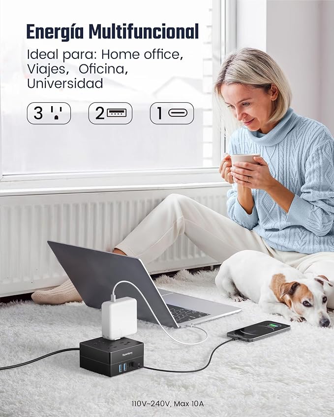 Power Strip, SUPERDANNY 4-Outlet 4-USB Surge Protector, 5 Ft Extension Cord, 900 Joules, Overload Switch, Grounded, Mountable, Desktop Charging Station for Home, Office, School, Dorm, Computer, Black