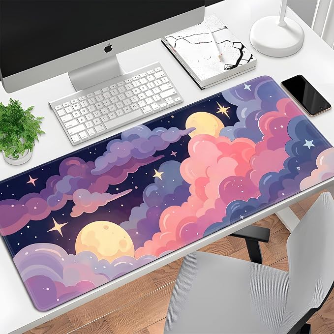 Cute Mouse Pad Kawaii Large Desk Mat Extended Keyboard Mouse Pad Pink Purple Cloud Mousepad with Non-Slip Base and Stitched Edge Gaming Mouse Mat Desk Pad 31.5 x 11.8 Mouse Pads for Desk Home Office