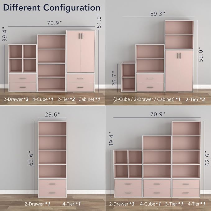 Homes: Inside + Out Apexa 2-Cube Storage Organizer Shelves, Stackable Wood Bookcase Fits Cubby Bins for Organization, Dorm Teen Room Decor & Home Office, Light Pink