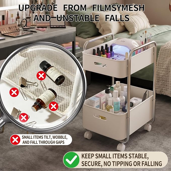 PureBox 2-Tier Metal Rolling Utility Cart with Slide-Out Drawer,Sturdy Solid Board Utility Cart for Under Desk,with Lockable Wheels Mobile Storage Organizer for Office,Living Room,Kitchen,Cream White