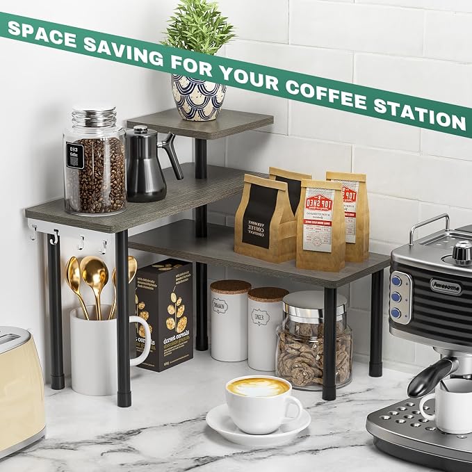 ZHWS Kitchen Countertop Organizer, Bathroom Counter Organizer, Adjustable 3 Tier Corner Shelf with 4 Metal Hooks for Counter Organize, Spice Rack, Makeups, Coffee Station Bookshelf (Rustic Grey)